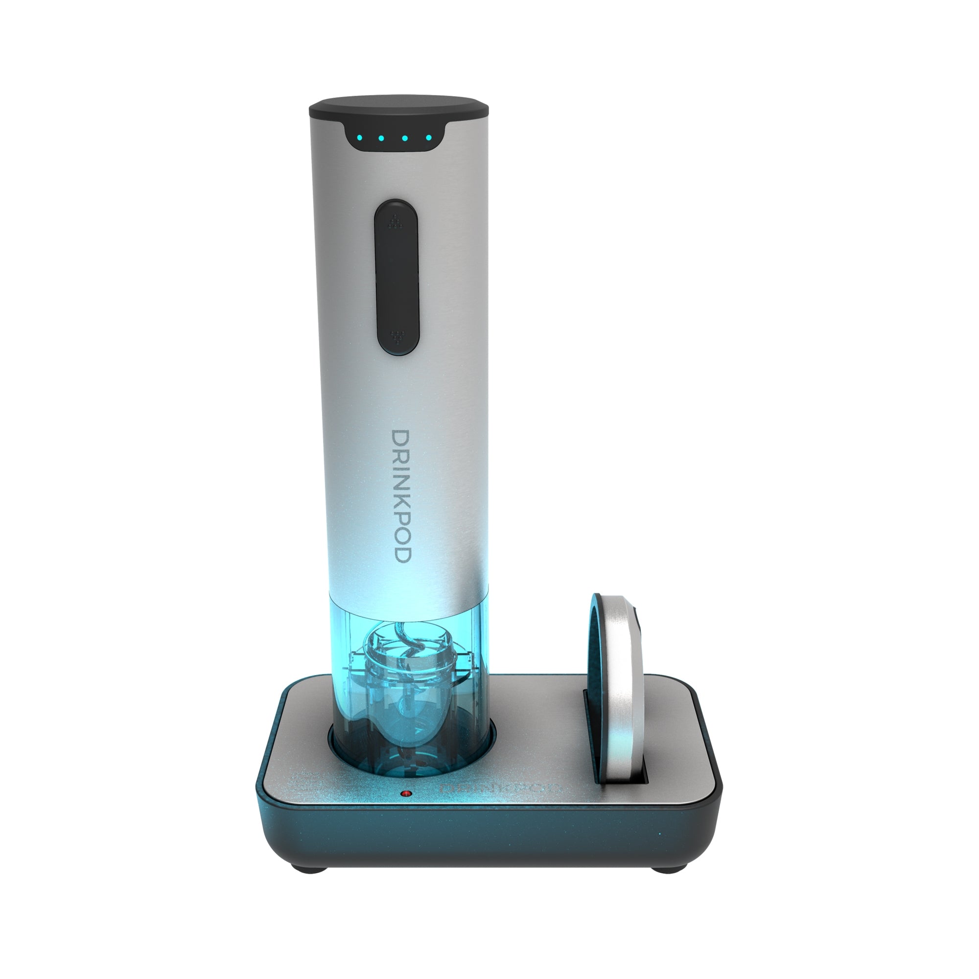 WineKEY Electric Wine Bottle Opener set including opener, charging base, foil cutter, wine pourer, and vacuum stopper in a stylish arrangement.